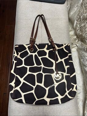 Michael Kors Black and Cream Giraffe-Print Tote with Brown Leather Straps
